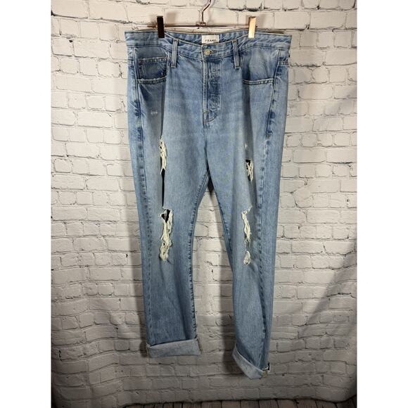 FRAME Denim - Frame High Rise Relaxed Straight Jeans Distressed Size 33 Light Wash 5 Button